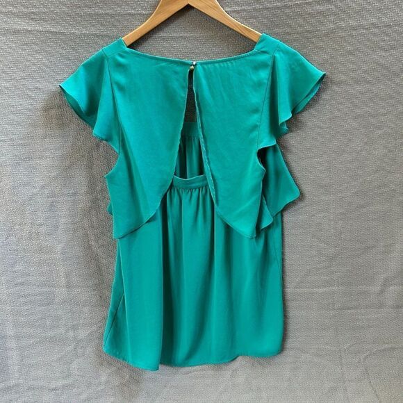 Meadow Rue 6 Blouse Green-Blue Square-neck Tank Ruffles Open Back Flutter Anthro - Picture 7 of 12